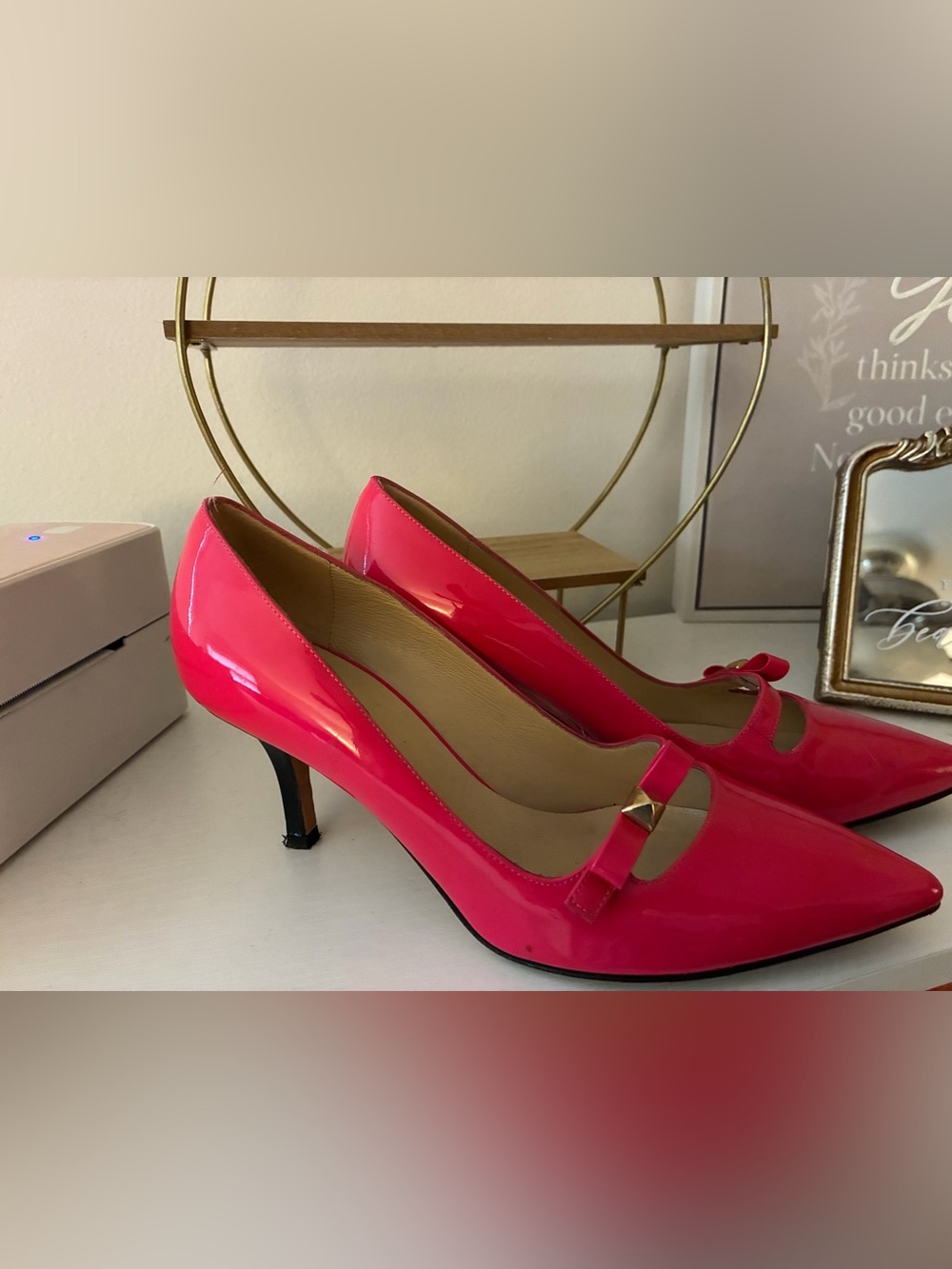 kate spade Hot Pink Patent Mid-Heel Pumps with Bow and Gold Stud
